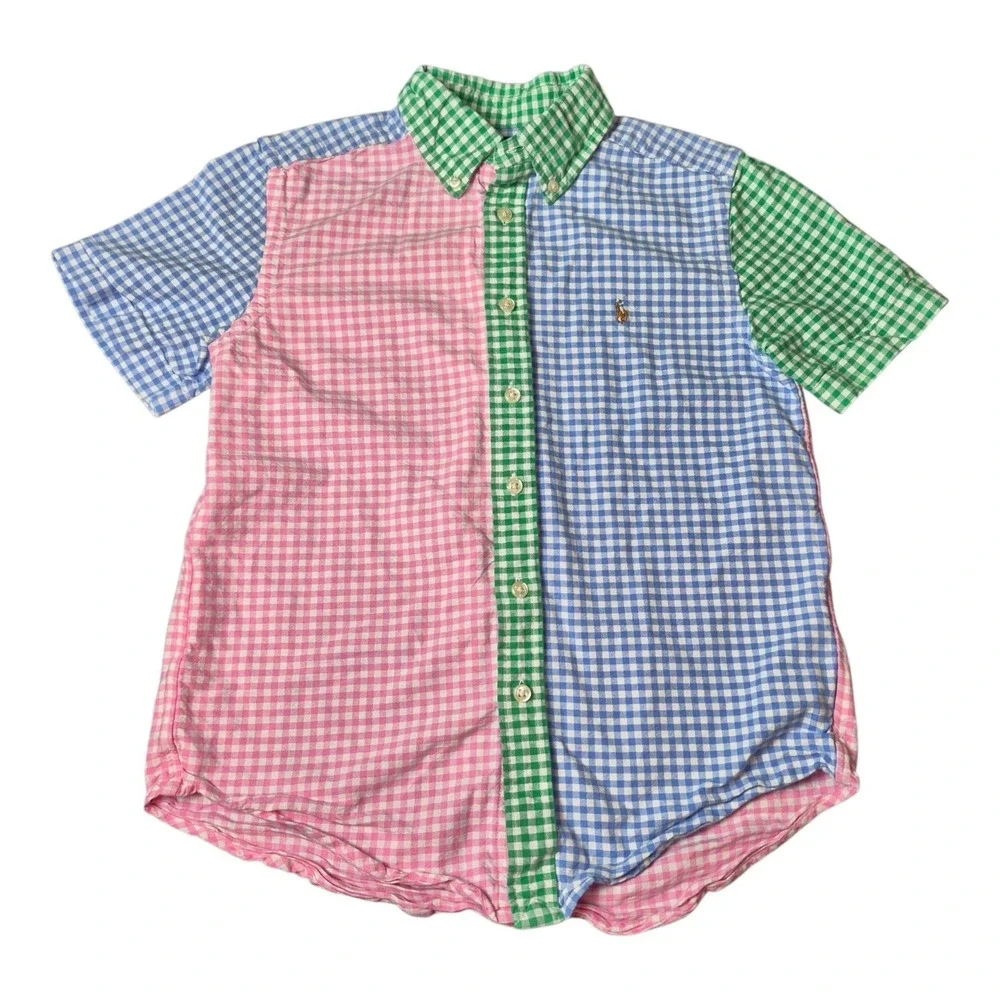 Polo Ralph Lauren Boys M 10-12 Colorblock Gingham Button Shirt Pony‎ Preppy